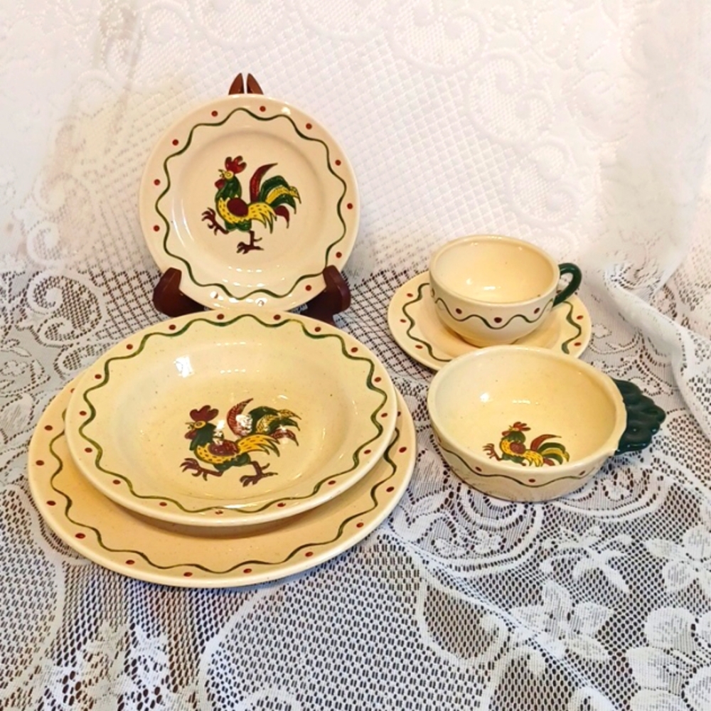 6 Pc. Rooster/ Country Design Dinnerware Set Poppytrail By Metlox